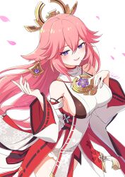 1girl blush breasts detached_sleeves genshin_impact hair_between_eyes highres kamuraaa_615 large_breasts long_hair looking_at_viewer nontraditional_miko open_mouth pink_hair purple_eyes simple_background smile solo thighs white_background white_sleeves yae_miko