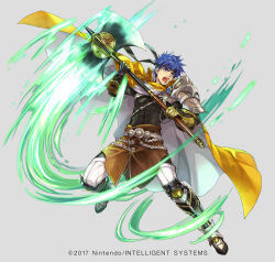 1boy armor axe blue_eyes blue_hair brooch cape copyright_notice fighting_stance fire_emblem fire_emblem:_path_of_radiance fire_emblem_heroes gloves grey_background hagiya_kaoru headband holding holding_axe holding_weapon ike_(brave_mercenary)_(fire_emblem) ike_(brave_mercenary)_(resplendent)_(fire_emblem) ike_(fire_emblem) jewelry male_focus nintendo official_art open_mouth short_hair shoulder_armor solo tight_clothes toned toned_male two-sided_cape two-sided_fabric weapon white_cape yellow_cape