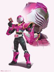 Rule 34 | 1boy, advent card, advent deck, armor, armored boots, belt, black bodysuit, bodysuit, boots, card, full body, gloves, helmet, highres, holding, holding card, kamen rider, kamen rider raia, kamen rider ryuki (series), looking at viewer, male focus, penpenhuihui, pink armor, red eyes, rider belt, shoulder armor, simple background, solo, standing, tokusatsu, v buckle