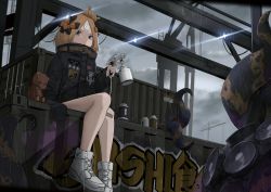 1girl abigail_williams_(fate) abigail_williams_(traveling_outfit)_(fate) black_bow black_jacket blonde_hair blue_eyes bow caution closed_mouth cloud cloudy_sky commentary_request container english_text fate/grand_order fate_(series) female_focus graffiti hair_bow hair_bun heroic_spirit_traveling_outfit holding jacket kasasasagi keyhole ladder long_hair long_sleeves looking_at_viewer official_alternate_costume orange_bow outdoors parted_bangs polka_dot polka_dot_bow rain shoes single_hair_bun sitting sky sleeves_past_fingers sleeves_past_wrists solo spray_can star_(symbol) stuffed_animal stuffed_toy suction_cups teddy_bear tentacles white_shoes