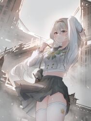 Rule 34 | 1girl, absurdres, architecture, arm up, bag, bag charm, black hairband, blush, bow, breasts, brown bag, building, character charm, charm (object), collarbone, commentary request, cowboy shot, firefly (honkai: star rail), firefly (spring missive) (honkai: star rail), froha11037, green bow, grey hair, grey skirt, hair between eyes, hair intakes, hairband, highres, holding, holding bag, holding strap, honkai: star rail, honkai (series), long hair, long sleeves, looking at viewer, medium breasts, midriff, official alternate costume, open mouth, panties, pantyshot, plaid bow, plaid clothes, plaid skirt, school bag, school uniform, skirt, solo, stelle (honkai: star rail), thick thighs, thighhighs, thighs, trailblazer (honkai: star rail), underwear, white panties, white thighhighs, wind, wind lift, zettai ryouiki