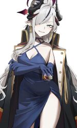 1girl absurdres black_coat black_hair black_horns blue_archive blue_dress blue_gloves breasts cleavage coat coat_on_shoulders commentary cup dress earrings elbow_gloves franz2543 gloves hair_bun hair_over_one_eye halo highres holding holding_cup horns jewelry long_hair looking_at_viewer makeup makoto_(blue_archive) makoto_(dress)_(blue_archive) medium_breasts multicolored_hair multiple_horns pointy_ears simple_background solo streaked_hair teabag very_long_hair white_background