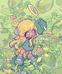 1girl :d arm_up blonde_hair bright_pupils bubble bubble_wand child clenched_hand derpy_hooves dot_nose dress fang flower from_above gloves green_dress green_footwear green_gloves happy highres humanization legs_apart long_hair my_little_pony my_little_pony:_friendship_is_magic open_mouth outdoors pink_flower short_dress smile standing thick_outlines vegetation white_pupils yanyannonoz yellow_eyes