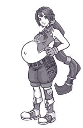 1girl belt commission commissioner_upload dark_cloud dark_cloud_2 level-5 long_hair midriff monica_(dark_chronicle) monochrome olympic-dames ponytail pregnant rocket_launcher rpg shoes shorts smile sneakers solo weapon