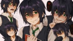 1boy absurdres black_hair black_vest blush collared_shirt degrees_of_lewdity green_eyes green_necktie hair_between_eyes highres kylar_(degrees_of_lewdity) kylar_(male)_(degrees_of_lewdity) multiple_views necktie red_pupils ru2786764357 shirt short_hair vest white_shirt