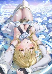 1girl armpits blonde_hair breasts chumugi cleavage detached_sleeves dress feather_hair_ornament feathers flower genshin_impact hair_between_eyes hair_flower hair_ornament highres looking_at_viewer lumine_(genshin_impact) lying medium_breasts on_back romper scarf short_hair_with_long_locks smile solo thighs white_dress white_flower white_romper white_scarf yellow_eyes