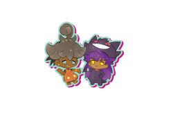 Rule 34 | 2boys, black hair, character hat, chibi, chibi only, cosplay, dark-skinned male, dark skin, earrings, fang, full body, gen 1 pokemon, gen 6 pokemon, gengar, gengar (cosplay), highres, jewelry, lee999nine, leon (pokemon), long hair, male focus, multiple boys, nintendo, pokemon, pokemon swsh, pumpkaboo, pumpkaboo (cosplay), purple hair, raihan (pokemon), simple background, very long hair, white background, wristband, yellow eyes