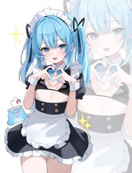 1girl absurdres alternate_costume apron arahashi_tabi bikini black_bikini black_dress blue_eyes blue_hair bow bowtie breasts commentary_request cowboy_shot dress enmaided frilled_dress frills hair_ribbon hands_up heart heart_hands highres korean_commentary long_hair looking_at_viewer maid maid_apron maid_headdress nannung open_mouth pungdangi_(arahashi_tabi) ribbon short_sleeves simple_background small_breasts smile solo sparkle stellive string_bikini swimsuit twintails virtual_youtuber white_background wing_collar wrist_cuffs zoom_layer