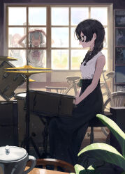 3girls against_window alternate_costume arms_up backlighting bicycle black_hair black_skirt bow bowtie braid breasts cevio closed_mouth commentary_request day double_bun drum drum_set drumsticks facing_another feet_out_of_frame from_side glasses green_eyes grey_hair guitar_case hair_bun hair_over_shoulder hanakuma_chifuyu hands_on_lap hands_on_own_hips highres hitogome holding holding_drumsticks indoors instrument instrument_case instrument_on_back koharu_rikka light_particles light_smile long_skirt looking_ahead looking_inside loose_bowtie low_twin_braids medium_breasts multiple_girls natsuki_karin on_stool open_mouth pink_bow pink_bowtie plant profile school_uniform shirt shirt_tucked_in short_sleeves sitting skirt sleeveless sleeveless_shirt smile synthesizer_v teapot twin_braids v-shaped_eyebrows white_shirt window