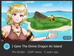 blonde_hair brown_dress citrinne_(fire_emblem) dress earrings fire_emblem fire_emblem_engage gold_choker gold_trim hair_ornament hoop_earrings island jewelry leather_wrist_straps male_alear_(fire_emblem) mismatched_earrings nintendo novasvr red_eyes wing_hair_ornament