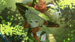 1girl bare_shoulders blonde_hair bow chin_strap covered_mouth dappled_sunlight dress drill_hair elbow_gloves flower flower_over_mouth gloves green_dress green_eyes green_gloves green_hat green_theme hand_up hat hat_feather hat_flower holding holding_flower long_hair low_twintails orange_bow red_flower red_rose reverse:1999 rose sleeveless sleeveless_dress smelling smelling_flower solo sotheby sun_hat sunlight tree twin_drills twintails upper_body xiao_xiazi