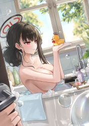 1girl 1other absurdres bathing bathtub black_halo blue_archive breasts bubble cleavage collarbone commentary cup day faucet from_side halo hands_up highres holding holding_rubber_duck indoors large_breasts out_of_frame parted_lips pippin_(pippin_sol) red_eyes rio_(blue_archive) rubber_duck shampoo_bottle solo topless_female towel water wet window