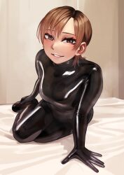 Rule 34 | 1girl, absurdres, arm support, bed sheet, black bodysuit, bodysuit, breasts, brown eyes, brown hair, full body, hand on own foot, highres, kilye kairi, latex, latex bodysuit, looking at viewer, medium breasts, on bed, original, parted lips, short hair, skin tight, smile, solo