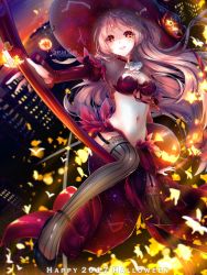 1girl 2017 artist_name blonde_hair breasts broom broom_riding building cloud cloudy_sky constellation crop_top extreme_crop_top halloween halloween_costume hat highres navel original pumpkin red_eyes revealing_clothes shiyumi sky star_(sky) star_(symbol) starry_sky sunset witch witch_hat