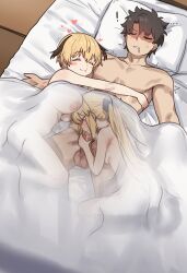 ! 1boy 2girls absurdres alternate_breast_size artoria_caster_(fate) artoria_pendragon_(fate) ass black_hair blonde_hair breasts commentary ebora english_commentary exhausted fate/grand_order fate_(series) fellatio fujimaru_ritsuka_(male) gareth_(fate) green_eyes hair_flaps hetero highres hug large_breasts long_hair multiple_girls nipples nude on_bed oral penis pussy_juice see-through_clothes short_hair small_breasts smile testicles twintails uncensored under_covers