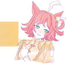 1girl ahoge brown_background brown_hair brown_shoes epaulettes gloves green_eyes hand_up head_tilt highres parted_lips puffy_sleeves rhein_kraft_(umamusume) seila_rei shoes short_hair solo star_(symbol) two-tone_background umamusume upper_body white_background white_gloves white_hair