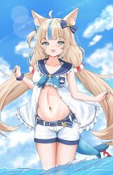 Rule 34 | 1girl, absurdres, ahoge, animal ear fluff, animal ears, bikini, blonde hair, blue bikini, blue eyes, blue hair, blue sky, blush, breasts, cat ears, cloud, commentary, dress, fins, fish girl, fish tail, highres, indie virtual youtuber, long hair, low twintails, multicolored hair, navel, one side up, open mouth, sameko saba, short shorts, shorts, sky, sleeveless, sleeveless dress, small breasts, solo, streaked hair, swimsuit, symbol-only commentary, tail, twintails, varo 006, very long hair, virtual youtuber, water, white dress, white shorts