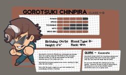1boy boku_no_hero_academia brown_hair chibi commentary content_rating english_commentary english_text green_pants grey_jacket grin jacket necktie original pants redringo188 school_uniform shirt shoes smile solo stats sunglasses tengen_toppa_gurren_lagann u.a._school_uniform white_shirt white_streaks