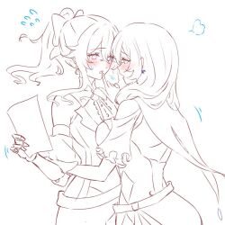 2girls blush bow cape commentary_request earrings finger_to_another&#039;s_mouth genshin_impact green_eyes greyscale hair_bow hand_on_another&#039;s_arm holding holding_paper jean_(genshin_impact) jewelry lisa_(genshin_impact) long_hair monochrome multiple_girls paper ponytail purple_eyes spot_color yumiluna25 yuri