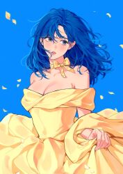 1girl aegyo_sal bare_shoulders blue_background blue_eyes blue_hair breasts bucket_mang choker cleavage commentary dress english_commentary facing_viewer falling_petals hair_behind_ear hair_between_eyes highres lips looking_to_the_side medium_hair off-shoulder_dress off_shoulder original parted_bangs parted_lips petals ribbon ribbon_choker simple_background skirt_hold solo wind yellow_choker yellow_dress yellow_petals yellow_ribbon