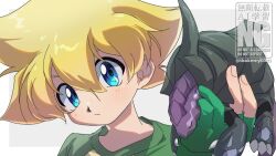 1boy bakuten_shoot_beyblade beyblade beyblade_(object) blonde_hair blue_eyes genbu gloves green_gloves green_shirt grey_background holding male_focus mizuhara_max partially_fingerless_gloves shirt short_hair solo_focus tkoknmy0321 twitter_username upper_body watermark