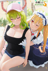 2girls :3 absurdres arms_at_sides bare_legs baseball_cap black_tank_top blonde_hair blue_dress blue_shorts blurry blurry_background breasts chinese_commentary cleavage closed_eyes closed_mouth collarbone collared_shirt commentary_request copyright_logo day denim denim_shorts depth_of_field dress eyelashes falling_petals fang feet_out_of_frame film_grain frilled_dress frilled_sleeves frills gloves grabbing_another&#039;s_breast green_hair groping hair_over_shoulder hat highres horns kobayashi-san_chi_no_maidragon large_breasts light_blush long_hair looking_at_another lucoa_(maidragon) maid_headdress multiple_girls one_eye_closed outdoors petals pinafore_dress pink_hat red_eyes shenle shirt short_shorts short_sleeves shorts sitting sleeveless sleeveless_dress slit_pupils smile tank_top tohru_(maidragon) twintails wavy_hair white_gloves white_shirt wing_collar yuri