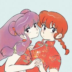 Rule 34 | 2girls, chinese clothes, double bun, hair bun, hair ornament, highres, long hair, multiple girls, purple hair, ranma 1/2, red hair, saotome ranma, shampoo (ranma 1/2), sidelocks