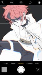 Rule 34 | black pants, black streaks, blood from forehead, blurry, bound, bound arms, chain, chained, collar, commentary, drawstring, fake phone screenshot, fake screenshot, highres, hood, hoodie, looking at viewer, male focus, multicolored hair, pants, purple eyes, red hair, rope, short hair, sitting, streaked hair, sumino takumi, symbol-only commentary, the hundred line -last defense academy-, thigh strap, voltmeter f, white hoodie