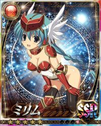1girl armor bikini_armor blush boots breasts card_(medium) curvy female_focus helmet highleg highleg_leotard large_breasts leotard long_hair looking_at_viewer mirim official_art queen&#039;s_blade queen&#039;s_blade_rebellion revealing_clothes shiny_skin smile solo thighhighs thong_leotard white_leotard wide_hips