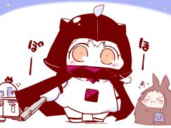 &gt;_&lt; 3girls :3 &gt;_&lt; abyssal_ship ahoge animal_ears blush_stickers rabbit_ears cape chewbacca chewbacca_(cosplay) chibi comic commentary_request cosplay darth_vader darth_vader_(cosplay) dress enemy_aircraft_(kancolle) closed_eyes helmet highres horns kantai_collection looking_at_viewer mittens multiple_girls northern_ocean_princess orange_eyes r2-d2 r2-d2_(cosplay) rensouhou-chan rolled_up_newspaper sako_(bosscoffee) shimakaze_(kancolle) sitting sitting_on_head sitting_on_person star_wars translation_request white_background x3
