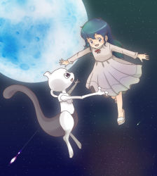 1girl ambertwo_(pokemon) dress eye_contact falling_star floating full_moon gen_1_pokemon green_hair hatinoyu legendary_pokemon long_hair long_sleeves looking_at_another mewtwo moon night night_sky nintendo open_mouth outdoors outstretched_arms pokemon pokemon:_the_first_movie_-_mewtwo_strikes_back pokemon_(anime) pokemon_(classic_anime) pokemon_(creature) sandals sky spread_fingers white_dress white_footwear