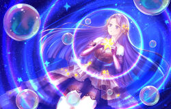 1girl :o bare_shoulders blunt_ends bubble commentary_request cowboy_shot dot_nose dress elbow_gloves eyelashes floating_hair forehead frilled_dress frilled_gloves frills gloves gown highres holding holding_star infinity_nikki jewelry light_blush long_dress long_hair looking_ahead lying necklace nikki_(series) on_back open_mouth purple_dress purple_eyes purple_gloves purple_hair ripples sarah_ang shooting_star sidelocks solo space sparkle star_(symbol) star_necklace star_sea_(nikki) starry_sky_print strapless strapless_dress swept_bangs very_long_hair