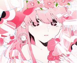 Rule 34 | 1girl, balloon, bare shoulders, black eyes, blush, cho96850, close-up, commentary, flower, glass shards, head wreath, highres, holding, holding flower, just be friends (vocaloid), limited palette, long hair, long sidelocks, looking at viewer, megurine luka, multicolored eyes, parted lips, pink eyes, pink flower, pink hair, pink nails, pink theme, portrait, sidelocks, solo, swept bangs, symbol-only commentary, triangle nose, two-tone eyes, vocaloid, watermark
