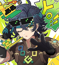 Rule 34 | 1boy, absurdres, adjusting eyewear, ajaw (genshin impact), black gloves, black hair, blue headband, brown jacket, commentary request, earrings, eyewear on head, genshin impact, gloves, green eyes, headband, high collar, highres, jacket, jewelry, kinich (genshin impact), long sleeves, looking at viewer, miz (mizillustration), open mouth, short hair, short sleeves, sunglasses, upper body, zipper