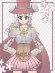 1girl animal_ears armor arms_behind_back belt boobplate breastplate brown_belt closed_mouth commentary_request cowboy_shot cross cross_of_prontera dated_commentary fake_animal_ears gauntlets grey_background grey_eyes grey_hair hat long_hair looking_at_viewer lord_knight_(ragnarok_online) miniskirt pauldrons pink_skirt rabbit_ears ragnarok_online red_hat sharari shoulder_armor skirt smile solo striped_background top_hat white_background