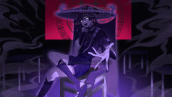 Rule 34 | 1boy, absurdres, armor, bodysuit, bright pupils, chair, crossed legs, dilated pupils, furisode, genshin impact, hands up, hat, highres, japanese armor, japanese clothes, jewelry, jingasa, juban, kimono, kote, layered sleeves, leggings, looking at viewer, male focus, mandarin collar, mitsudomoe (shape), neck ring, nero hanken, open clothes, open hand, open kimono, purple theme, reaching, reaching towards viewer, rope, sandals, scaramouche (genshin impact), shimenawa, short sleeves, shorts, sitting, solo, stirrup legwear, toeless legwear, tomoe (symbol), veil, white eyes, white pupils, zouri