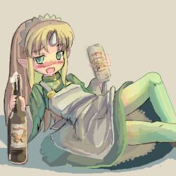 1girl :d apron artist_request beer_bottle beer_can blonde_hair blush bottle can china_dress chinese_clothes dress drink_can drunk futaba_channel green_dress green_eyes holding holding_bottle holding_can horns kirin_(company) kirin_(nijiura_maids) long_hair long_sleeves maid maid_headdress name_connection nijiura_maids nose_blush open_mouth pointy_ears qi_maid single_horn smile solo third-party_source uneven_eyes white_apron white_horns