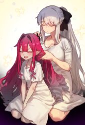 2girls absurdres baobhan_sith_(fate) blush breasts ebora fate/grand_order fate_(series) grey_hair hand_in_another&#039;s_hair hands_in_hair highres holding_another&#039;s_hair large_breasts long_hair morgan_le_fay_(fate) mother_and_daughter multiple_girls non-web_source open_mouth pink_hair pointy_ears ponytail sidelocks smile tying_hair very_long_hair