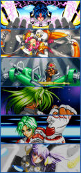 1990s_(style) animated blazing_star blue_eyes blue_hair caster_mild green_hair highres jan_bismarck jb kizuyomina_asayuki laser leefa_chyao mars_(planet) mecha_pilot_suit neo_geo retro_artstyle robot ship snk video_game watercraft yamazaki_kaoru_(snk) yamazaki_naomi yumekobo