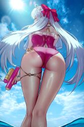 1girl absurdres alternate_costume ass ass_focus bare_shoulders bow carlotta_(splashing_summer)_(wuthering_waves) carlotta_(wuthering_waves) from_behind from_below green_eyes hair_bow highres long_hair looking_at_viewer looking_back looking_down one-piece_swimsuit ponytail puppnet solo swimsuit very_long_hair water water_gun white_hair wuthering_waves