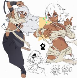arms_up baggy_pants bandaged_hand black_bandages blood blood_on_face blue_eyes collarbone cowboy_shot dark_skin double-parted_bangs highres loose_bandages navel original pants scarf siphonharapeco standing standing_on_one_leg toeless_legwear white_hair