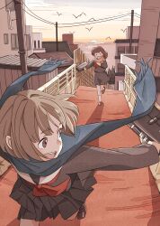 2girls absurdres bag black_shirt black_skirt blue_scarf bridge brown_eyes building commentary_request evening highres holding holding_bag horizon looking_back morison multiple_girls neckerchief ocean open_mouth original outdoors pleated_skirt power_lines red_neckerchief running sailor_collar scarf school_bag school_uniform serafuku shadow shirt skirt solid_circle_eyes sunset white_sailor_collar