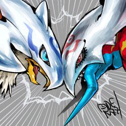 Rule 34 | beak, bird, digimon, digimon (creature), green eyes, grey background, helmet, holsmon, motion lines, name connection, oden (odenzzi), profile, red eyes, sethmon, sharp teeth, simple background, speed lines, teeth, trait connection
