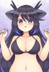 Rule 34 | 1girl, animal ears, black bra, black dragon (kemono friends), black hair, blue hair, blush, bra, breasts, dragon ears, dragon girl, dragon horns, grey eyes, highres, horns, kemono friends, kemono friends 3, large breasts, long hair, looking at viewer, multicolored hair, multicolored horns, navel, pink horns, shiraha maru, solo, underwear