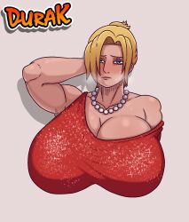 Rule 34 | 1girl, annie leonhart, arm up, blonde hair, blue eyes, blush, breasts, cleavage, durak, female focus, highres, huge breasts, jewelry, necklace, pearl necklace, shingeki no kyojin, short hair, solo, sweat, upper body