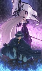 1boy 1girl absurdly_long_hair armor armored_dress banner bare_shoulders blue_fire breasts chain cloak dress edmond_dantes_(fate) fate/grand_order fate_(series) faulds fedora fire flag full_body gauntlets gloves green_cloak grey_hair hair_over_one_eye hat headpiece highres jeanne_d&#039;arc_alter_(avenger)_(fate) jeanne_d&#039;arc_alter_(avenger)_(third_ascension)_(fate) jeanne_d&#039;arc_alter_(fate) kamo_ashi la_grondement_du_haine large_breasts long_hair long_sleeves looking_at_viewer male_focus on_one_knee purple_fire short_hair smile standard_bearer sword very_long_hair wavy_hair weapon white_hair yellow_eyes