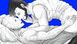 2boys abs arm_hair ass bald beard bed_sheet blue_background blush boy_on_top clothes_pull deadpool deadpool_&amp;_wolverine deadpool_(series) doghooouse eye_contact facial_hair hand_on_another&#039;s_face highres imminent_penetration large_pectorals looking_at_another male_focus marvel marvel_cinematic_universe monochrome multiple_boys muscular muscular_male open_mouth pants pants_pull pectorals pillow scar scars_all_over short_hair smile sweat too_many wolverine_(x-men) x-men yaoi