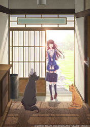 1girl ^_^ artist_request black_socks brown_hair cat closed_eyes dog fruits_basket hair_ribbon highres honda_tooru key_visual kneehighs mouse_(animal) official_art open_mouth pleated_skirt promotional_art ribbon school_uniform serafuku skirt sliding_doors smile socks sohma_kyou sohma_shigure sohma_yuki