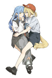 Rule 34 | 2girls, animal ears, bang dream!, bang dream! it&#039;s mygo!!!!!, baseball cap, between legs, black shoes, black shorts, blonde hair, blue hair, blush, cellphone, dog ears, dog girl, dog tail, grey skirt, hat, highres, holding, holding phone, jacket, kemonomimi mode, letterman jacket, long hair, long sleeves, misumi uika, multiple girls, open mouth, orange hat, phone, purple eyes, shirt, shoes, short sleeves, shorts, simple background, skirt, smartphone, socks, tail, togawa sakiko, two side up, uzr akira, white background, white shirt, white socks, yellow eyes, yuri