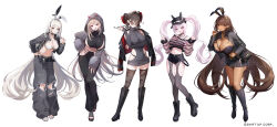 5girls alice_(nikke) blanc_(nikke) brown_hair goddess_of_victory:_nikke hakasesuicchi highres light_brown_hair multiple_girls navel noir_(nikke) official_alternate_costume pants pink_eyes pink_hair sakura_(nikke) simple_background viper_(nikke) white_background white_hair zozotown